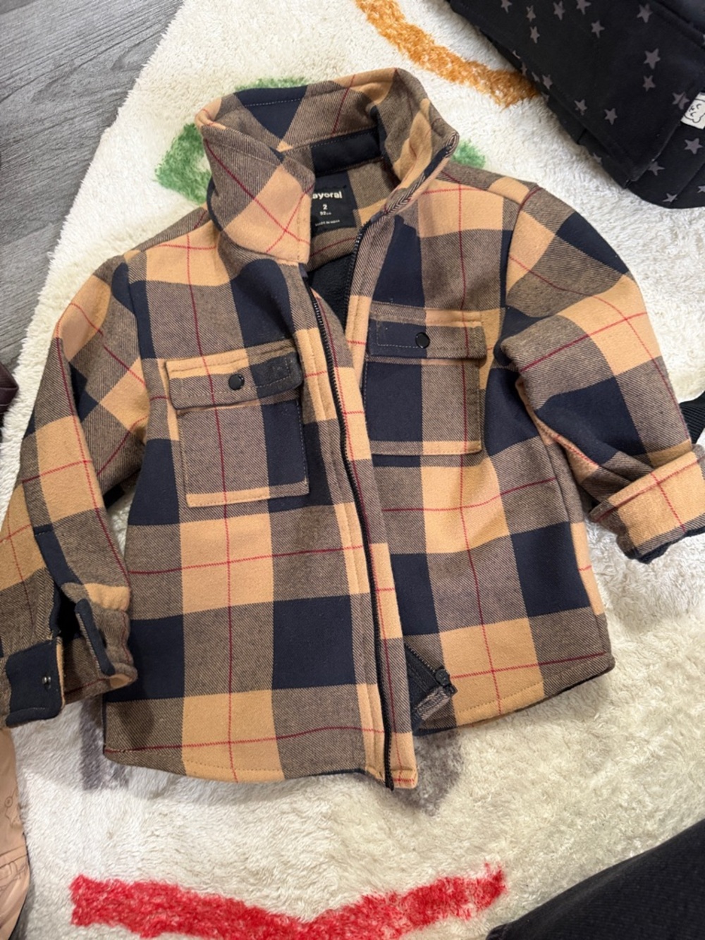 Mayoral Camel and Navy Plaid Zip-Up Shacket